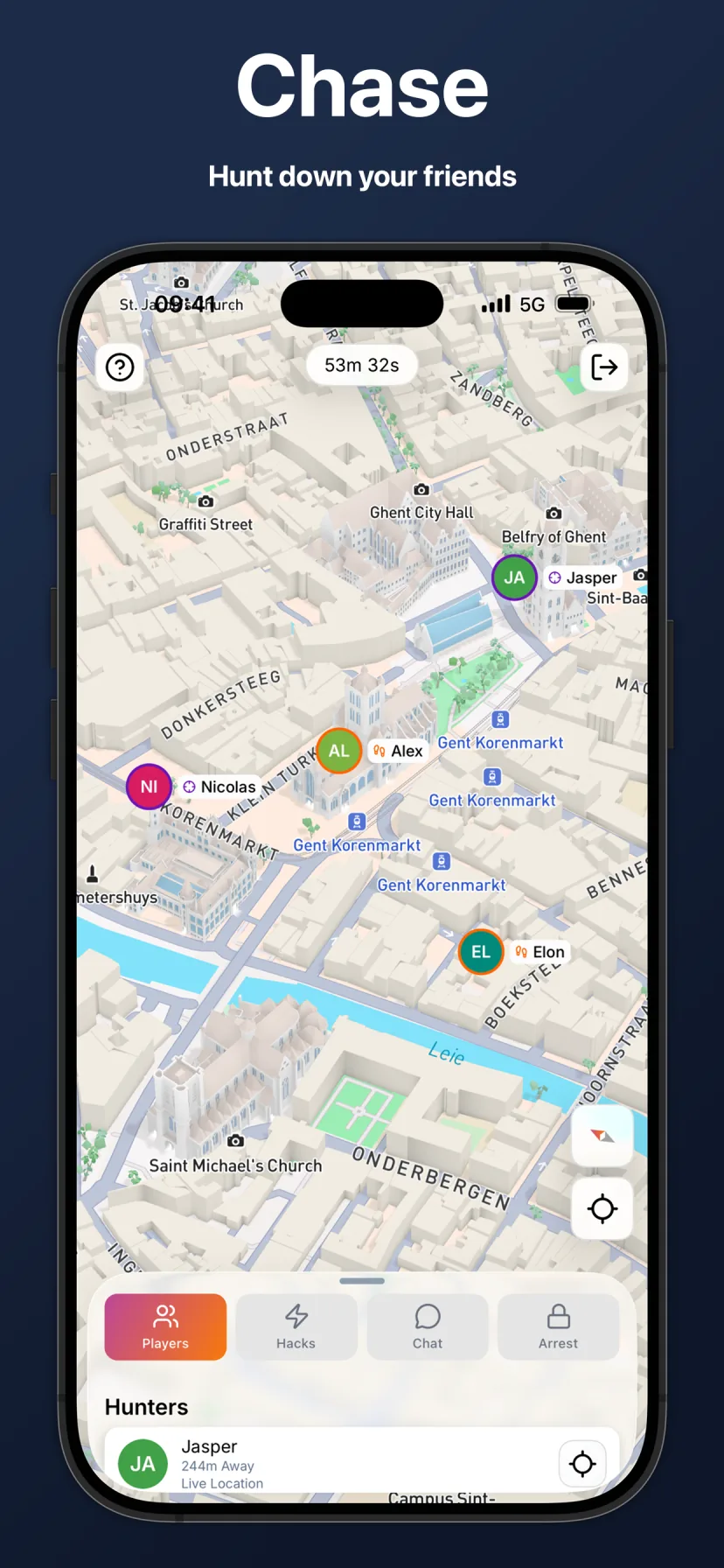 Chaser map in the Hunting Game GPS manhunt app