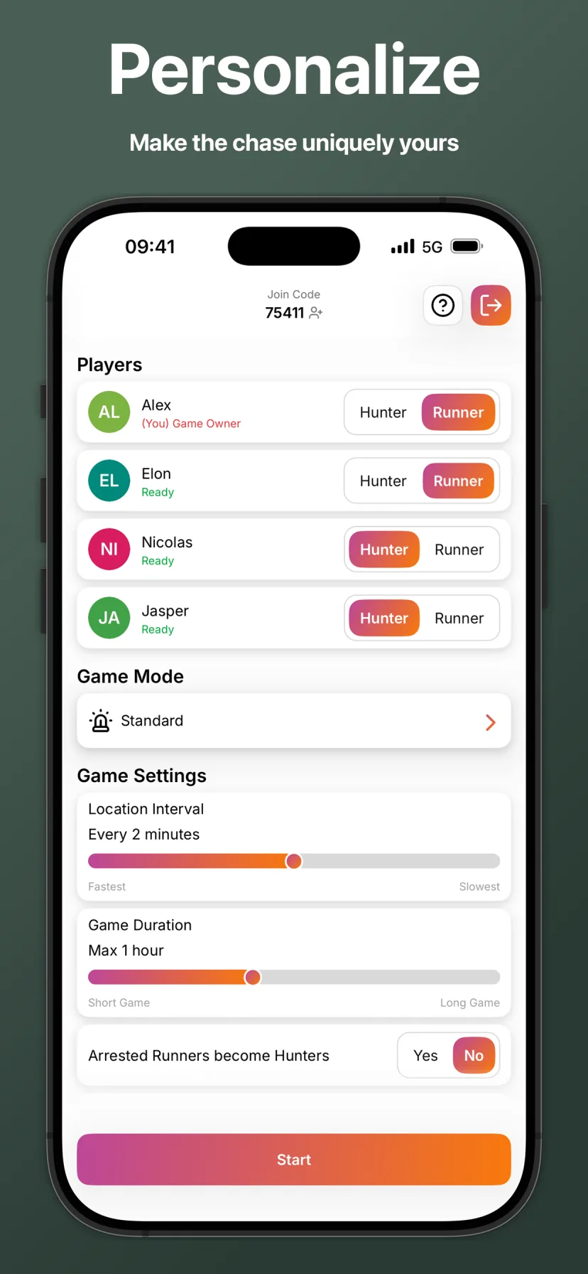 Game lobby with player roles and match settings