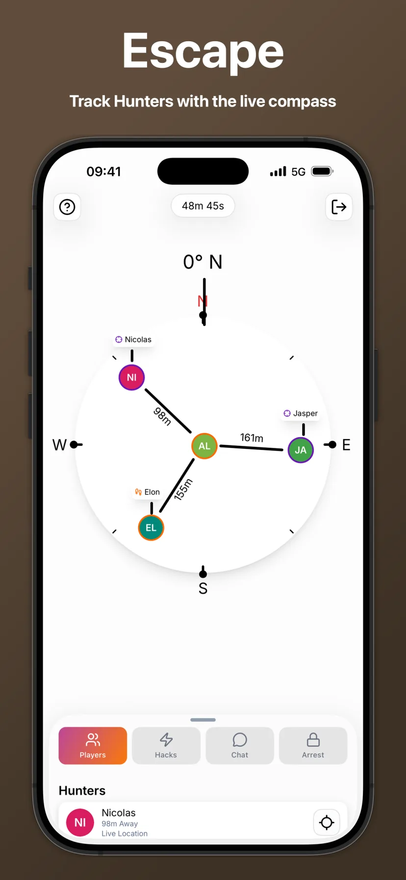 Runner compass showing the direction of nearby chasers