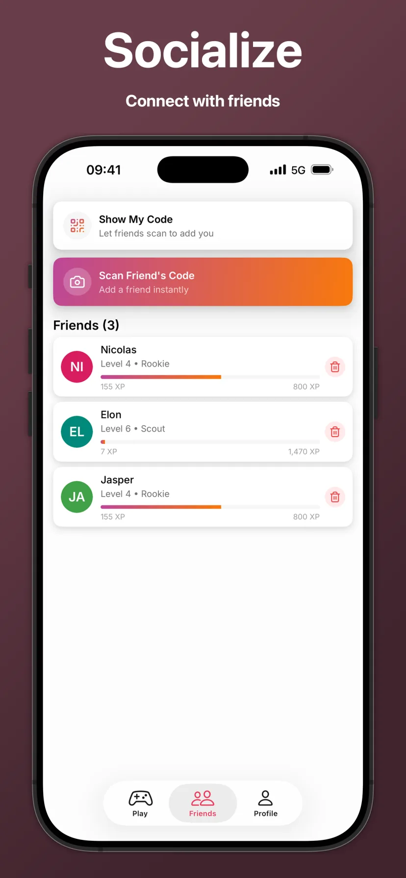 Hunting Game friends list with levels and XP