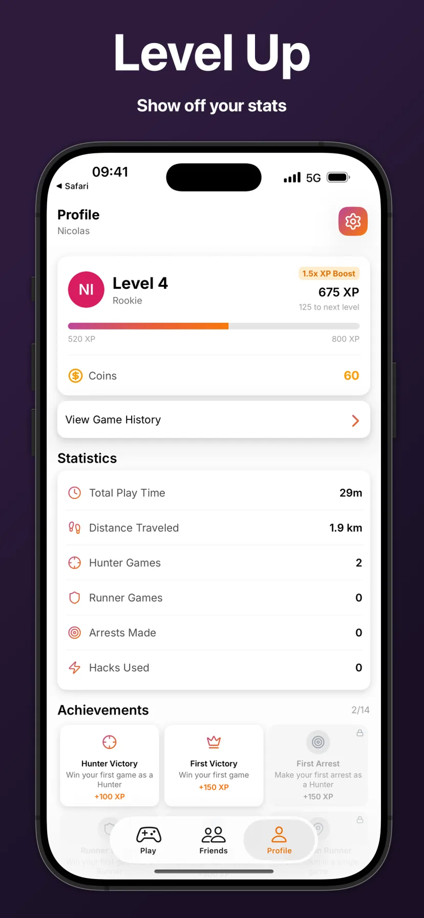 Player profile with achievements and game history